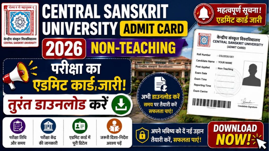 Central Sanskrit University Admit Card 2026: Non-Teaching परीक्षा का एडमिट कार्ड जारी, तुरंत डाउनलोड करें